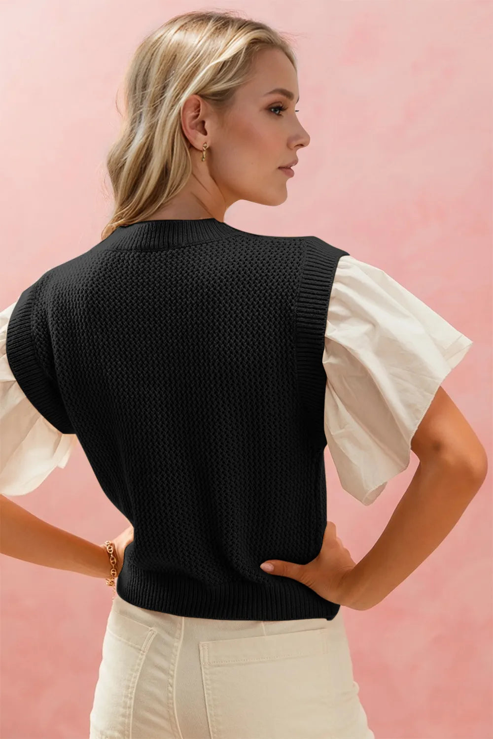 Oh Full Size Ruffled Round Neck Short Sleeve Sweater - Velora