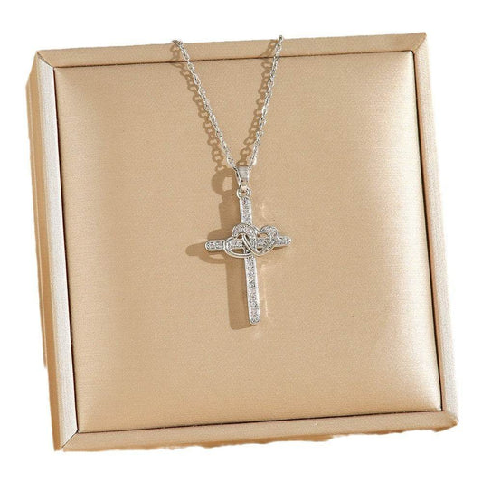 Cross Double Ring Love Heart Necklace Surrounded Zircon Pendant Necklace For Women Bohemian Jesus Pendant Gold Color Valentines Day Gift - Velora