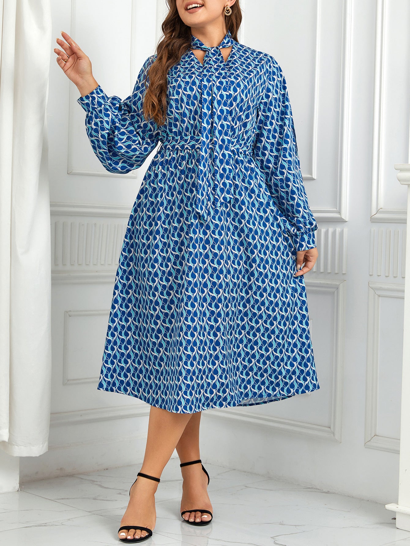 European And American High Waist Print Long Puff Sleeve Dress