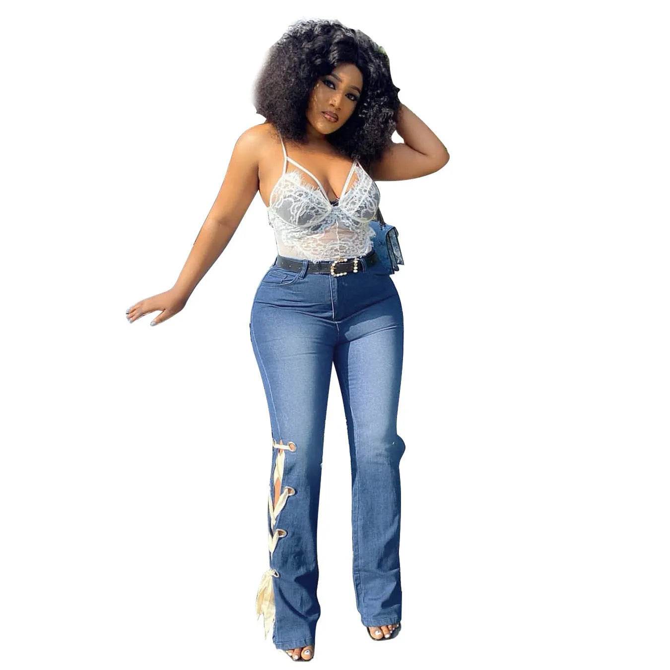 Solid Color Jeans Lace Up Bootcut Trousers - Velora