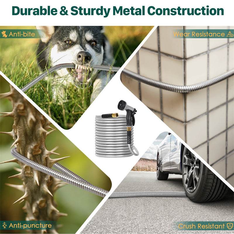 Metal Garden Hose, 100ft Stainless Steel Flexible Water Hose With 10 Adjustable Patterns Spray Nozzle, Heavy Duty Water Pipe , Kink Free , 2 Nozzles - Velora