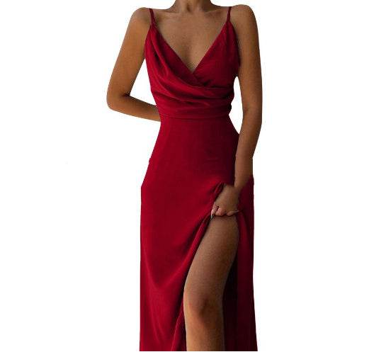 V-neck Slit Sling Dress Summer Fashion Sexy Slim Suspender Dresses For Women Clothing - Velora