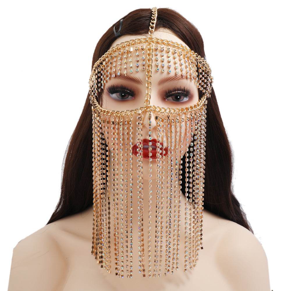 Punk Rhinestone Tassel Fringed Face Mask Head Chains - Velora
