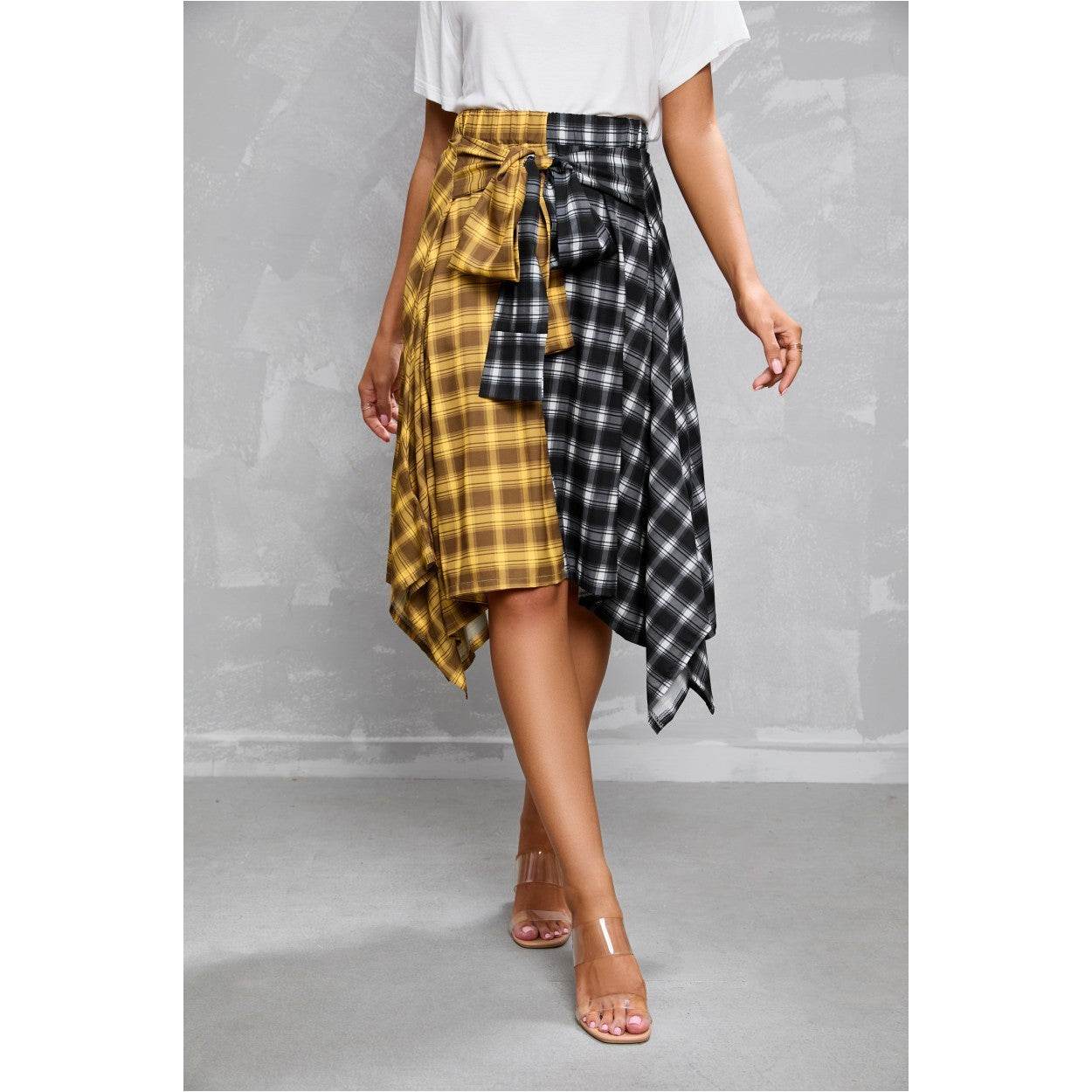 Elegant Irregular Lace-Up Check Midi Skirt street wear fashion Women's Plaid Skirts High Waisted Knot Front Asymmetrical Hem Mini Skater Skirt - Velora