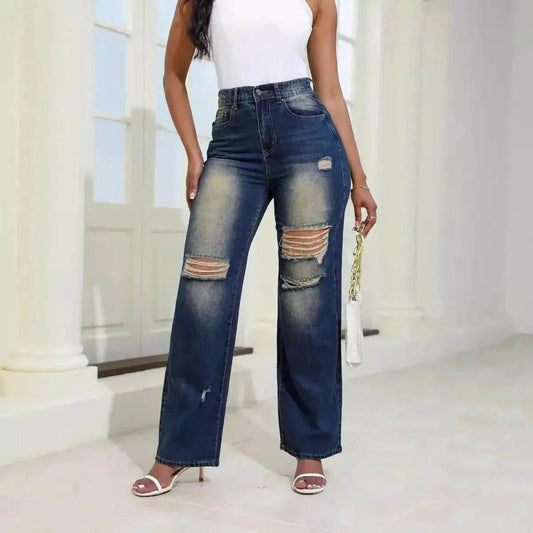 Fashion High Waist Ripped Jeans pants With Pockets Comfortable Slim Fit Denim Trousers Straight Wide-leg jeans Pants - Velora