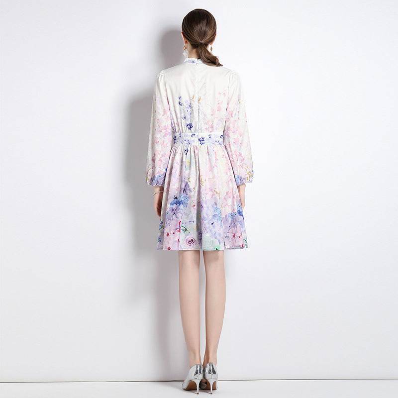 Elegant V-neck Vintage Floral Print Long Sleeves Dress Spring - Velora