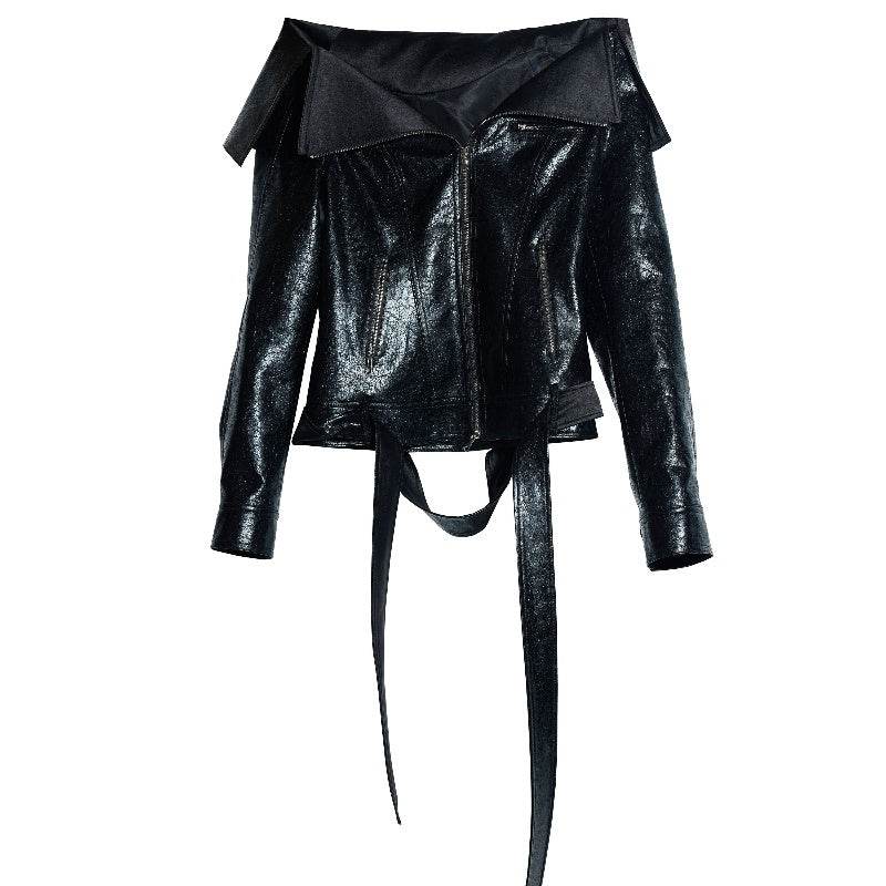 Large Lapel Off-shoulder Chapped PU Leather Narrow Jacket Coat - Velora