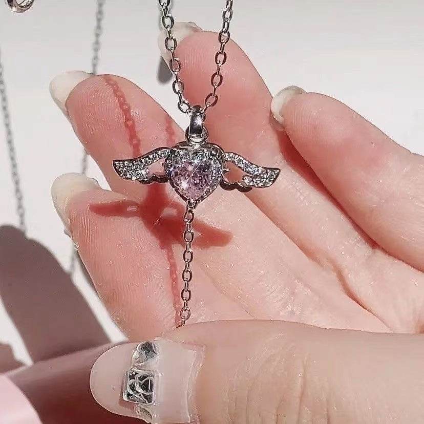 Moving Cupid Heart Angel Wings Tassel Necklace With Crystal Clavicle Chain Women Jewelry Gift Valentine's Day - Velora