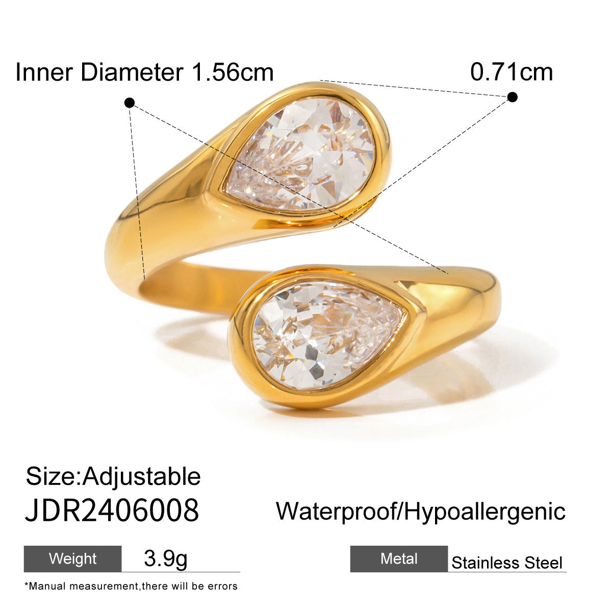 18K Gold Stainless Steel Open-end Zircon Ring High-grade Ins