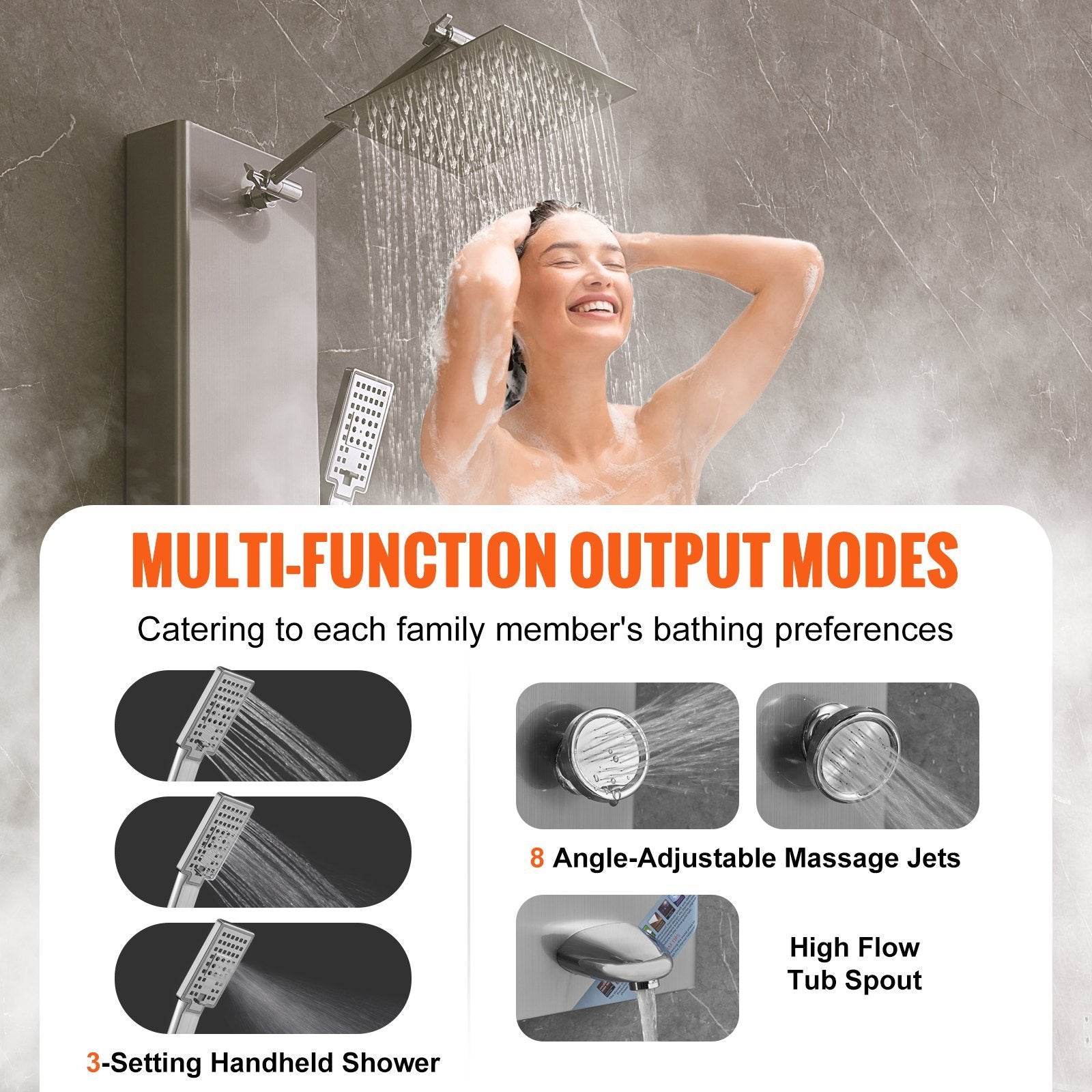 Shower Panel System, 5 Shower Modes, Digital Display Shower Panel Tower, Rainfall, 8 Massage Jets, Tub Spout, 3-Setting Handheld Shower Head 59 Hose, Stainless Steel Wall-Mounted Shower Set - Velora