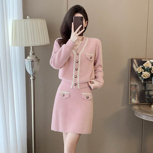 Cardigan Long Sleeve Knitted Two-piece Suit Skirt - Velora