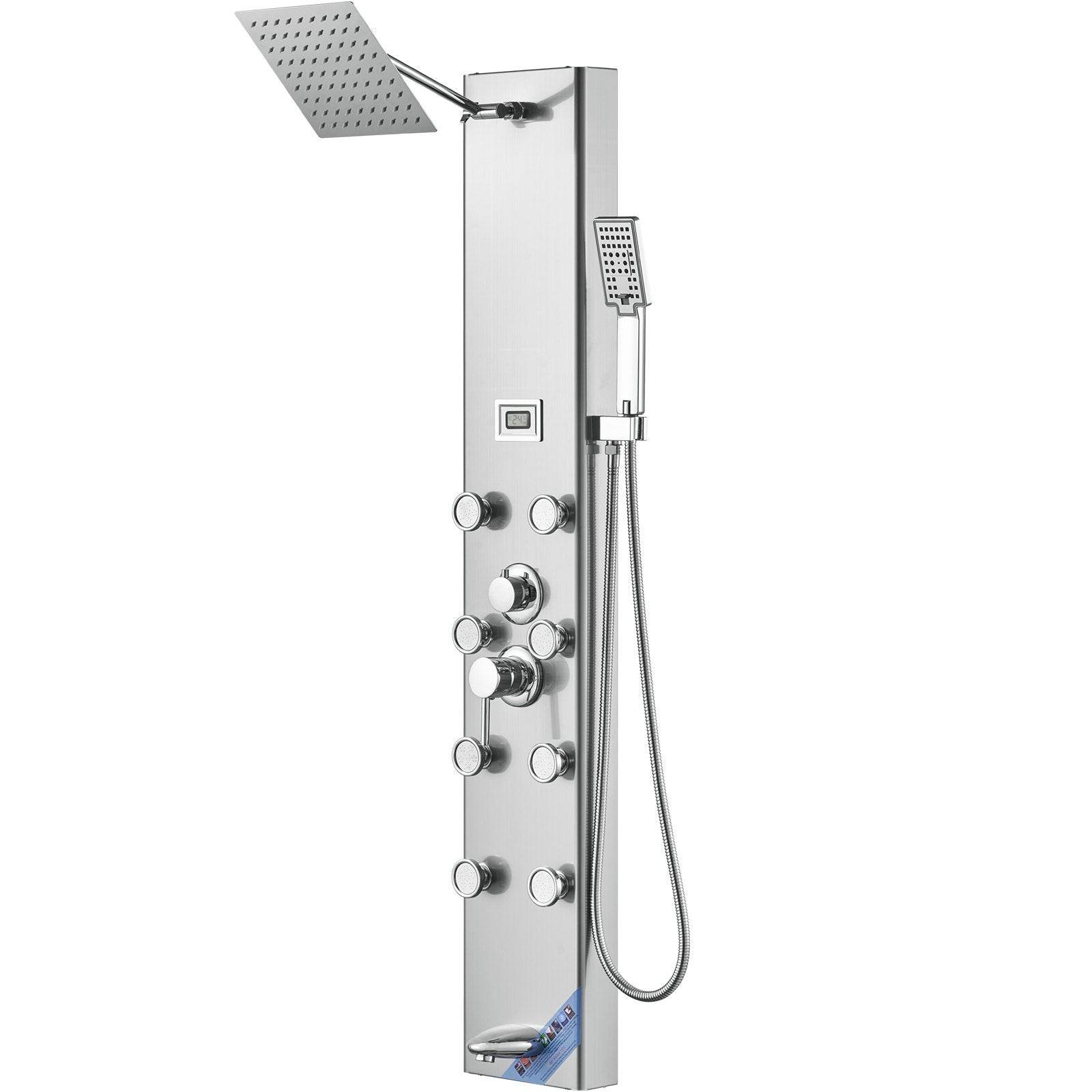 Shower Panel System, 5 Shower Modes, Digital Display Shower Panel Tower, Rainfall, 8 Massage Jets, Tub Spout, 3-Setting Handheld Shower Head 59 Hose, Stainless Steel Wall-Mounted Shower Set - Velora