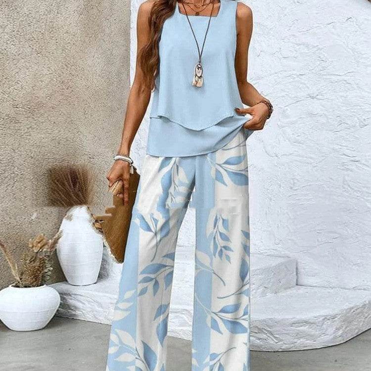 Print Suits Sleeveless Double-layer Vest And Loose Straight Pants Womens Clothing - Velora
