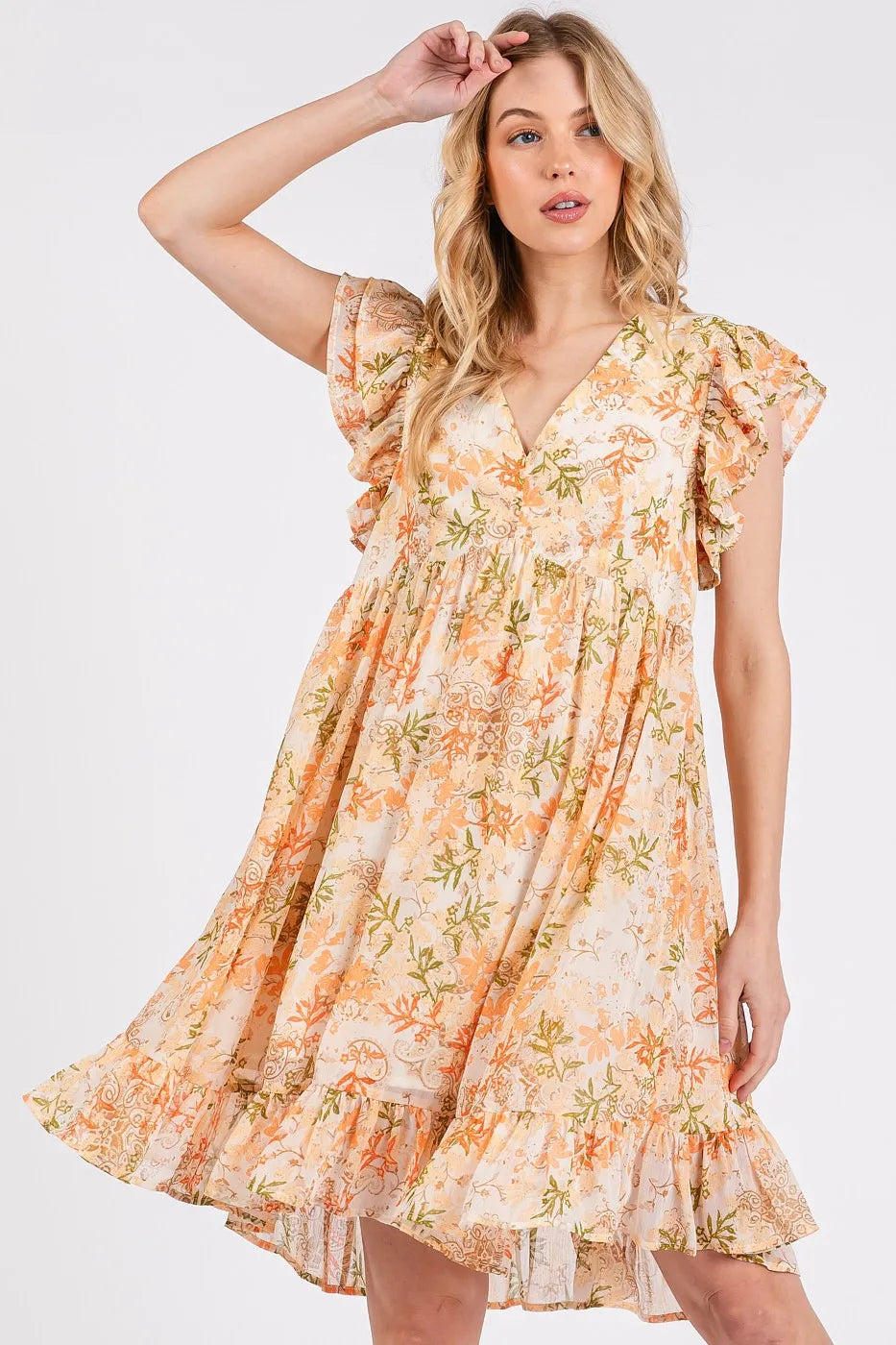 Mittoshop Floral Chiffon Ruffle Short Sleeve Mini Dress - Velora