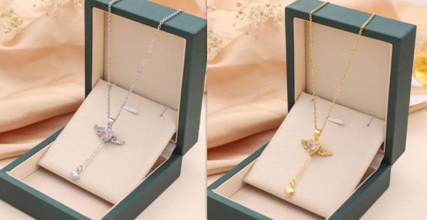 Moving Cupid Heart Angel Wings Tassel Necklace With Crystal Clavicle Chain Women Jewelry Gift Valentine's Day - Velora