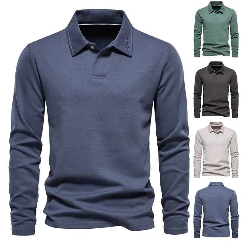 Fashion Plain Lapel Long-sleeved Polo Shirt Men's Casual Autumn Polo sweatshirt - Velora
