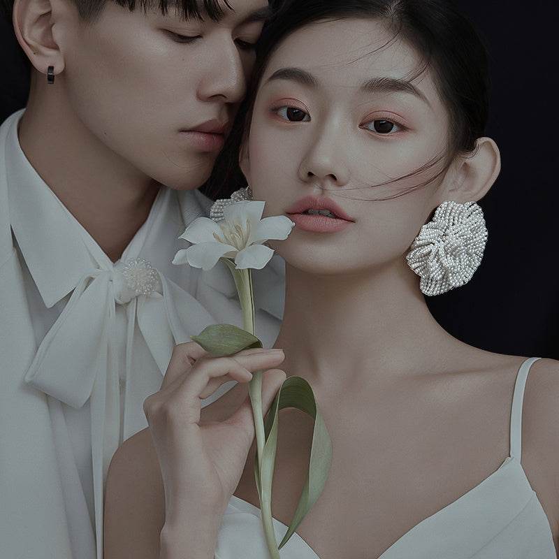 Bridal Beautiful Flowers Handmade Beaded Pearl Earrings - Velora