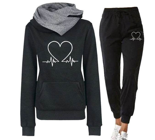 Love Heart Printed Sports Suit Hooded Sweatshirt Top And Drawstring Pants Fashion Casual Clothing For Women - Velora