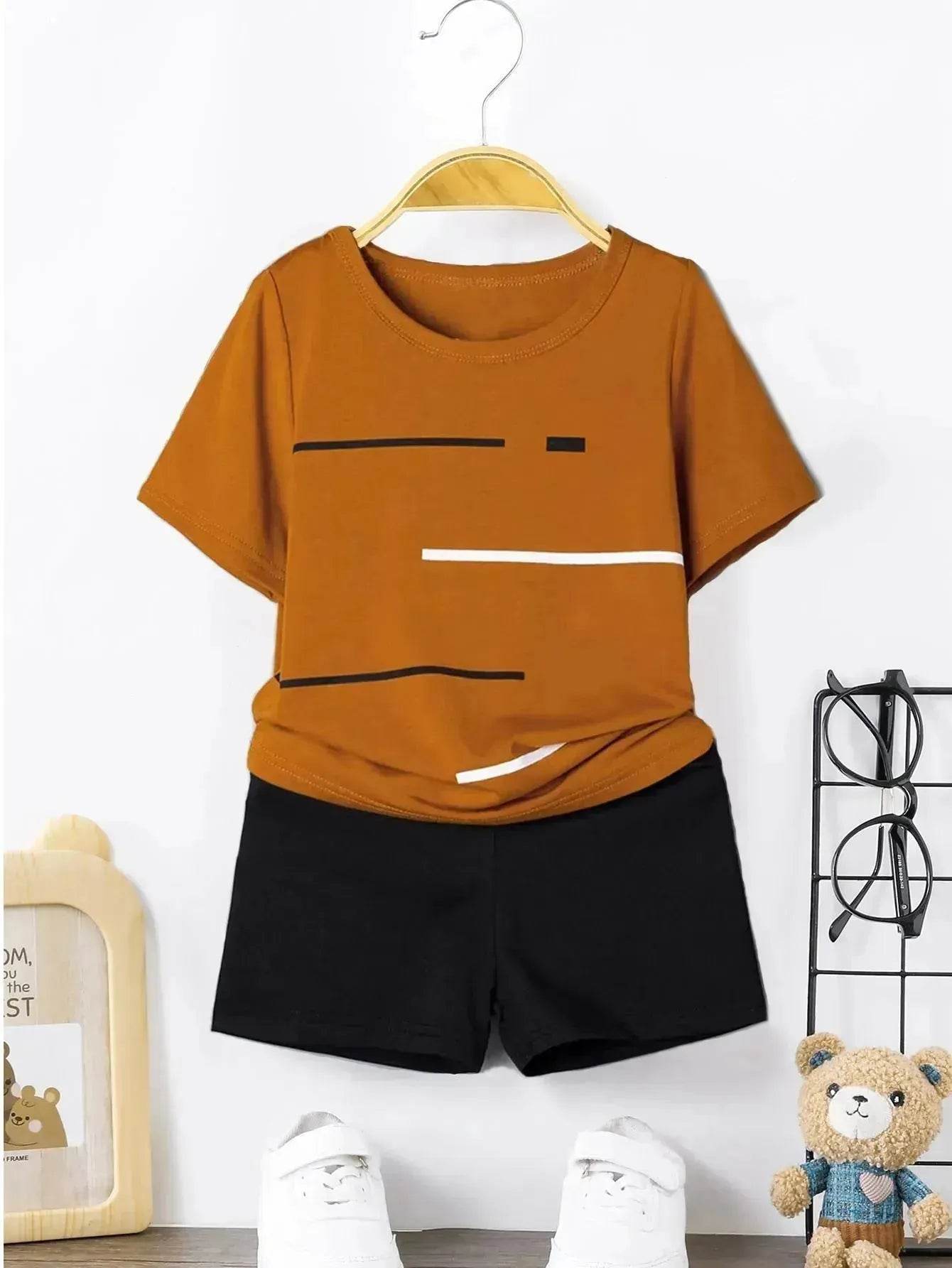 Striped Printed Round Neck Pullover T-shirt Shorts Suit - Velora