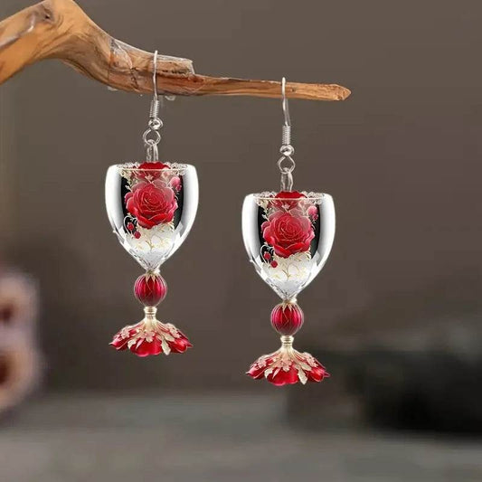 Valentine's Day Rose Wine Glass Acrylic Earrings - Velora