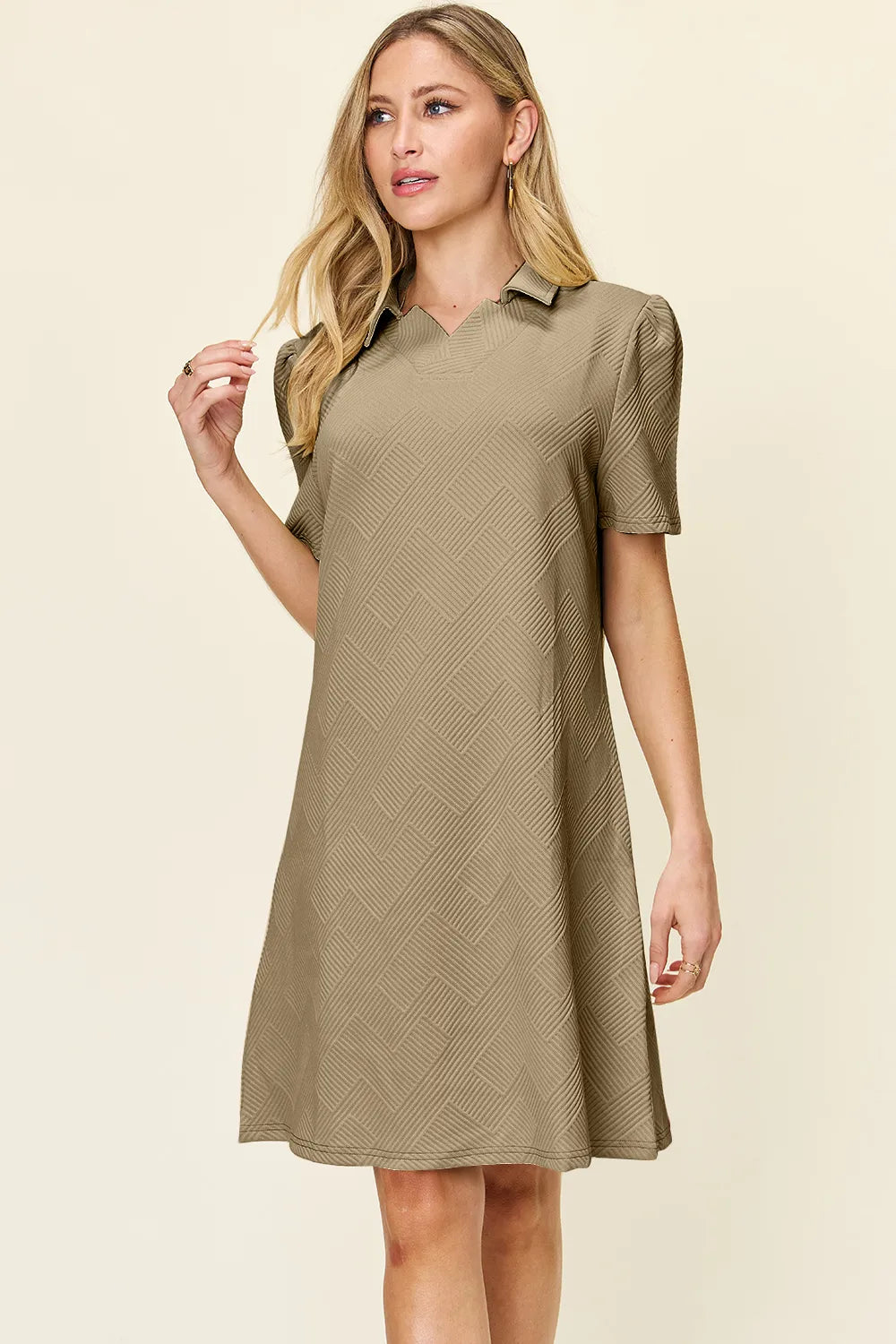 Double Take Full Size Texture Collared Neck Short Sleeve Dress - Velora
