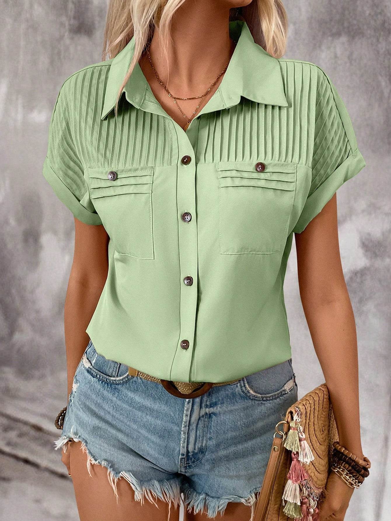 Lapel Shoulder Pleated Pocket Short Sleeve Top Shirt T-shirt Women - Velora