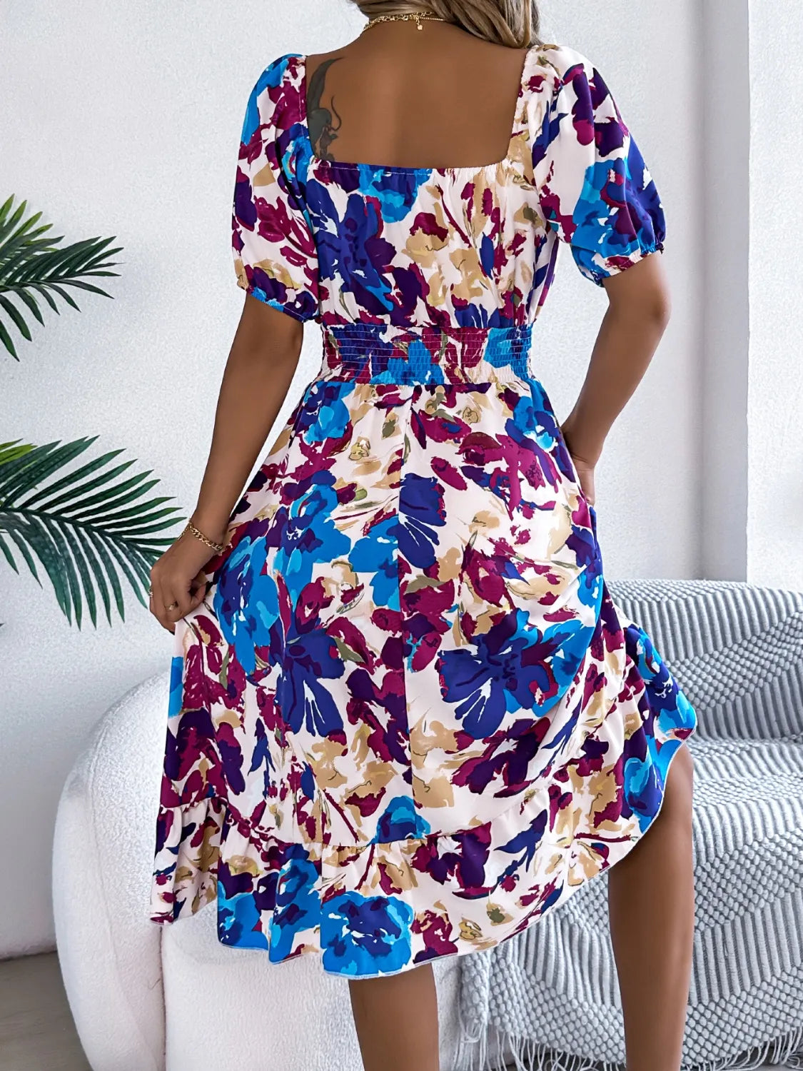 Ruffled Hem Smocked Floral Short Sleeve Midi Dress - Velora