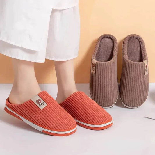 Solid Color Striped Slippers For Women Thick-soled Anti-slip Indoor Warm Plush Home Shoes Couple Women Men Slipper Winter - Velora