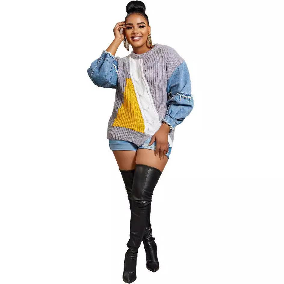 Women's Denim Knitted Patchwork Top - Velora