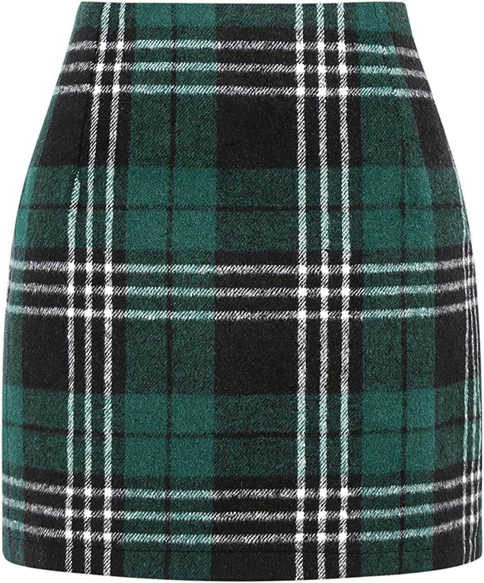 Women's High Waist Plaid Tight Pencil Wool Mini Skirt - Velora