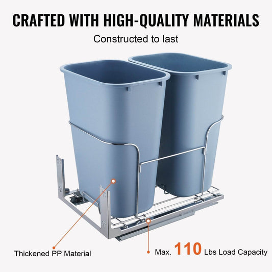 Pull-Out Trash Can, 35Lx2 Double Bins, Under Mount Kitchen Waste Container With Slide And Door Mounting Kit, 110 Lbs Load Capacity Heavy Duty Garbage Recycling Bin For Kitchen Cabinet, Sink - Velora