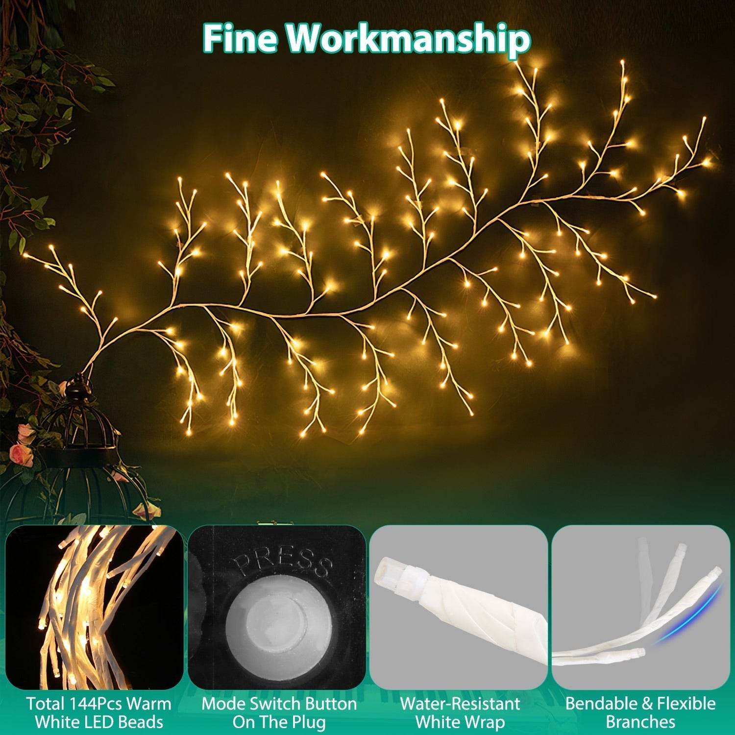 1Pc 7.87FT Lighted Birch Garland Lighted Twig Vine Lights 144LED Birch Garland With Lights String Light With Timer 8 Modes IP45 Waterproof For Christmas Fireplace Home Decoration - Velora