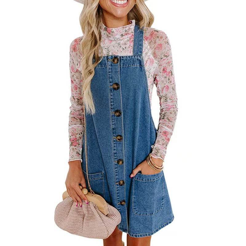 Loose Mini Denim Brace Jeans Jumper Dress - Velora