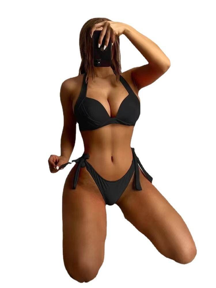 European And American Solid Color Neck Bikini Strap Split Hard Cup Crimp Swimsuit - Velora