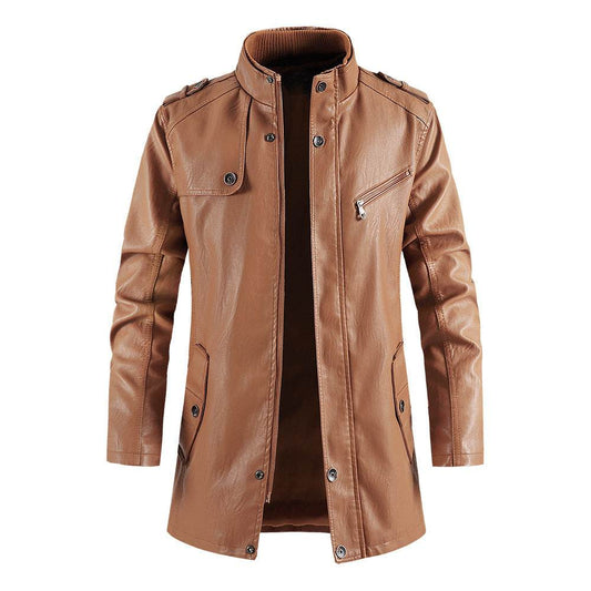 Men's Fashionable Standing Collar Plush Leather Jacket - Velora