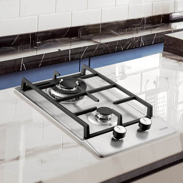 Gas Cooktop 12 Inch, Max 12250BTU 2 Burners Built-in Stainless Steel Gas Stove Top, LPG NG Convertible Dual Fuel Natural Gas Hob With Thermocouple Protection