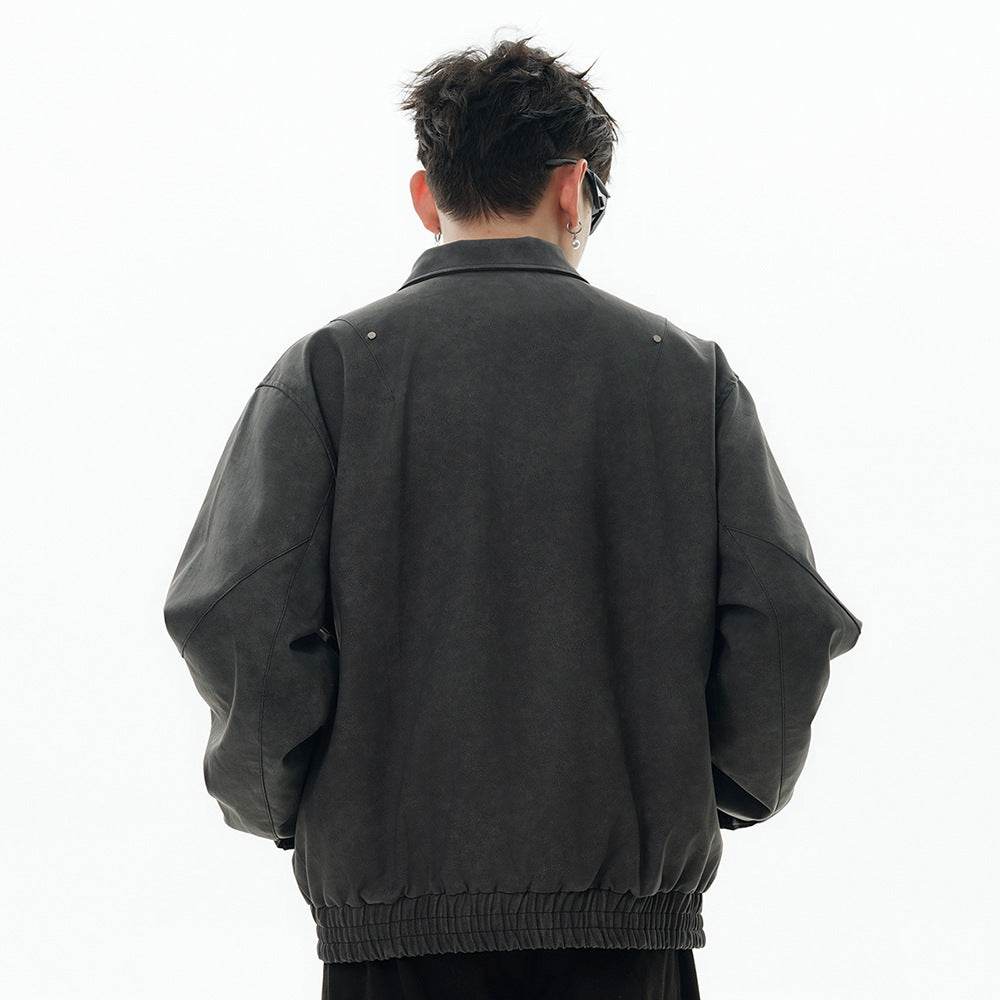 Men's Loose Casual Polo Collar Leather Coat - Velora