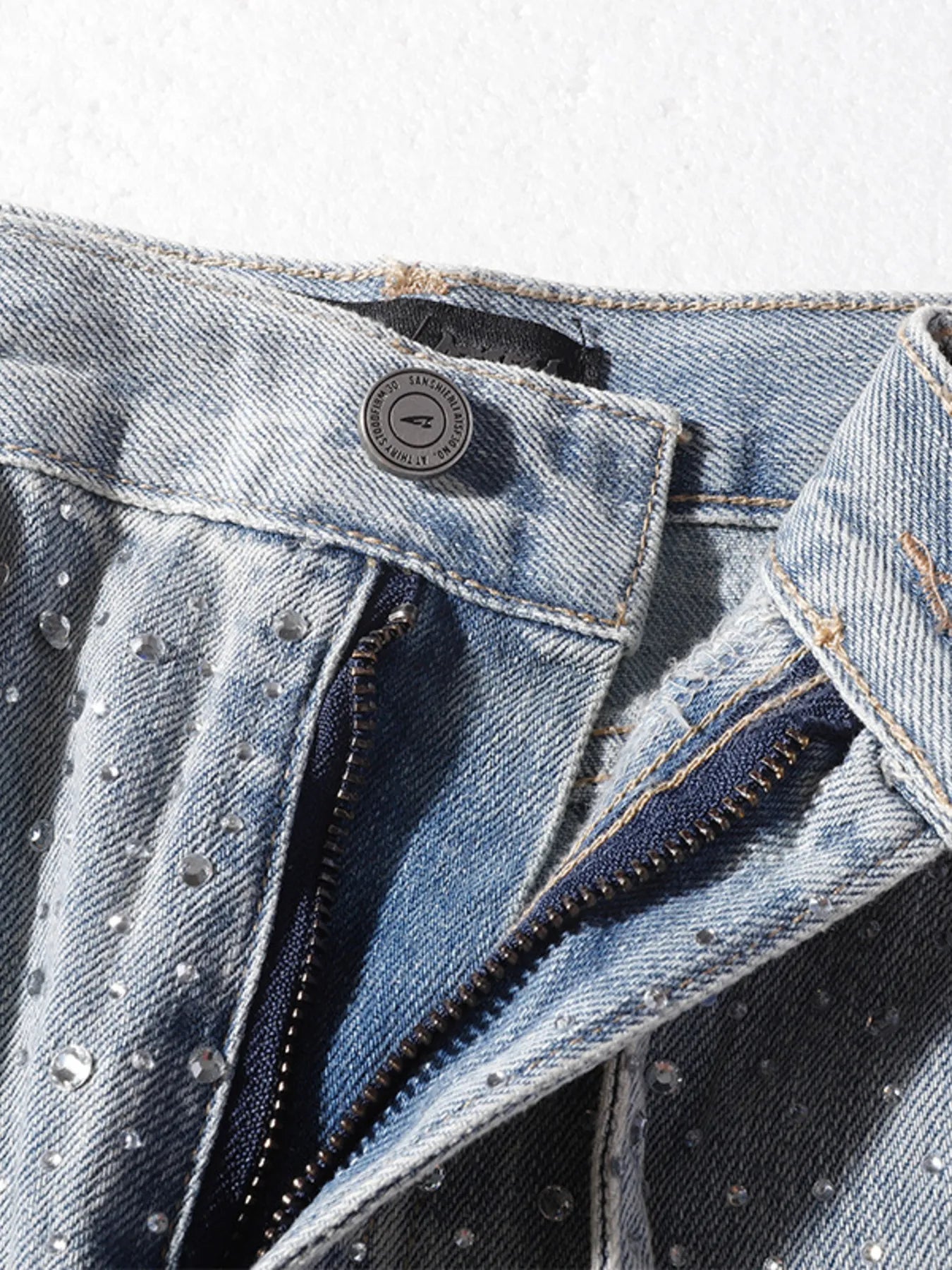 Men's Rhinestone Embellished Wash Relaxed Fit Jeans - Velora