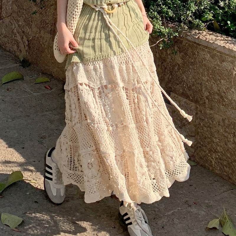 Retro Vacation Style Crocheted Hollow Beige Maxi Skirt - Velora