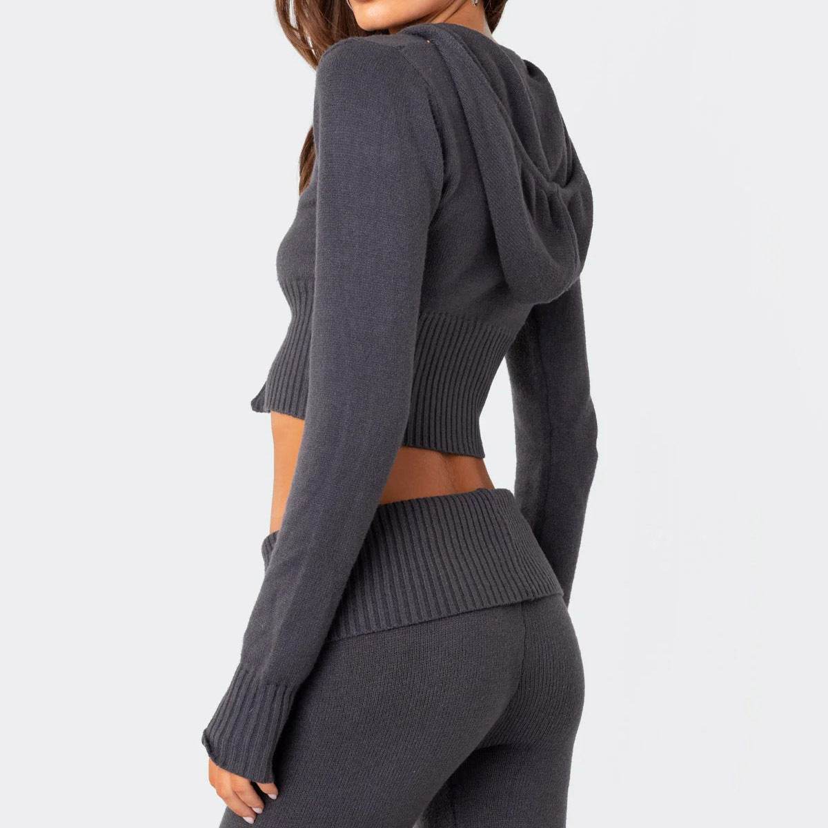 Fashion Knitted Hooded Suit Long Sleeve Zipper Cropped Top And Slim Flared Pants Trousers Solid Outfits Women's Clothing - Velora