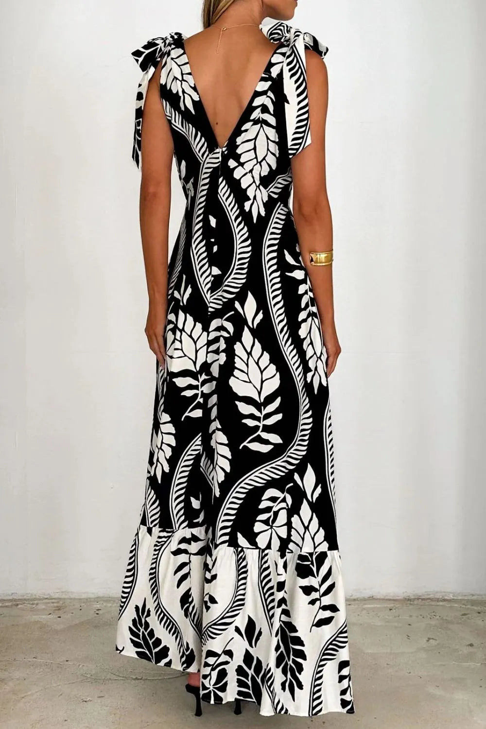 Printed V-Neck Tie Shoulder Midi Cami Dress - Velora