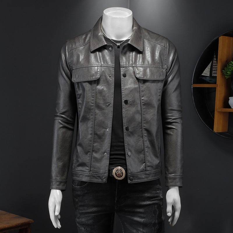 Men's Long-sleeved Lapel Motorcycle Pu Handsome Leather Coat - Velora