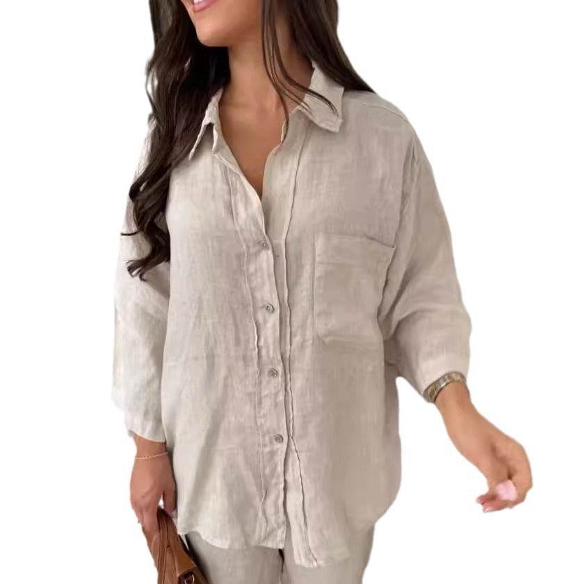 Casual Polyester Pocket Shirt Pants Suitable For Women's Wide Leg Pants, Long Sleeved Shirt Set, Women's Loose High Street Two-piece Set - Velora