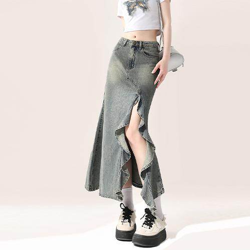 Irregular Half-length Split Denim long Skirt - Velora