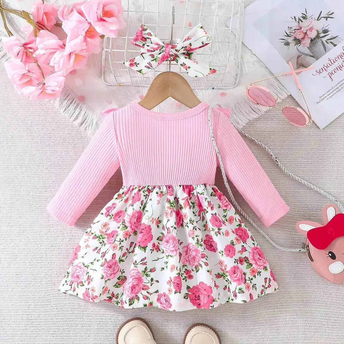 Newborn baby girl Winter floral Printed Bow Dress Suit Baby girl Dress outwear for girls plus head bowtie Baby girl pink dress