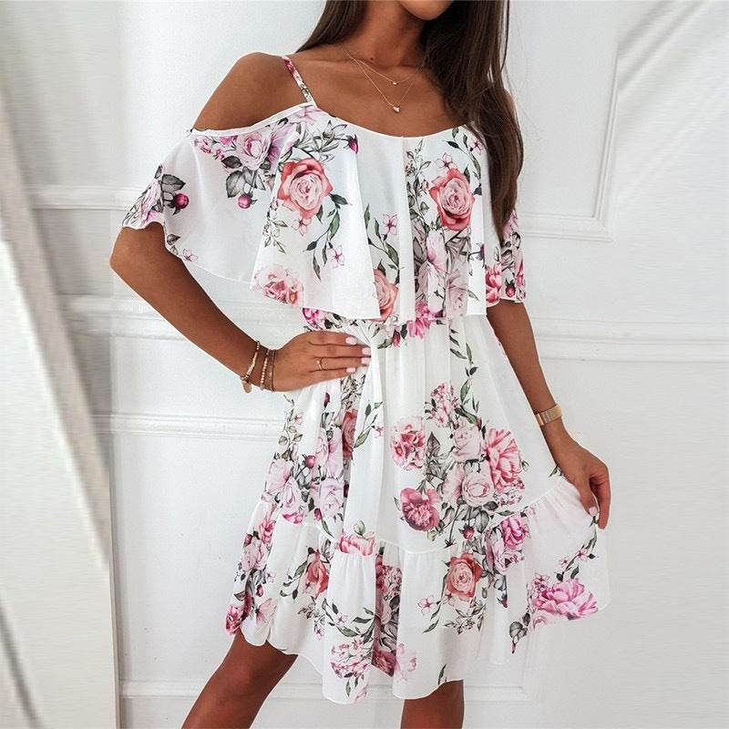 Flower Printed Ruffled Suspender Dress Summer Off-the-shoulder Strap Dresses Women - Velora