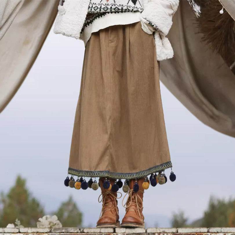 Corduroy Ethnic Style Fur Ball Stitching Brown High Waist Tassel Versatile Maxi Skirt - Velora
