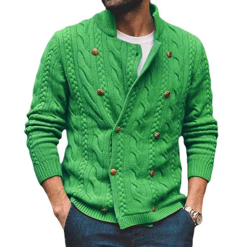 Men's Pure Color Half Collar Double-breasted Knitted Sweater Coat - Velora