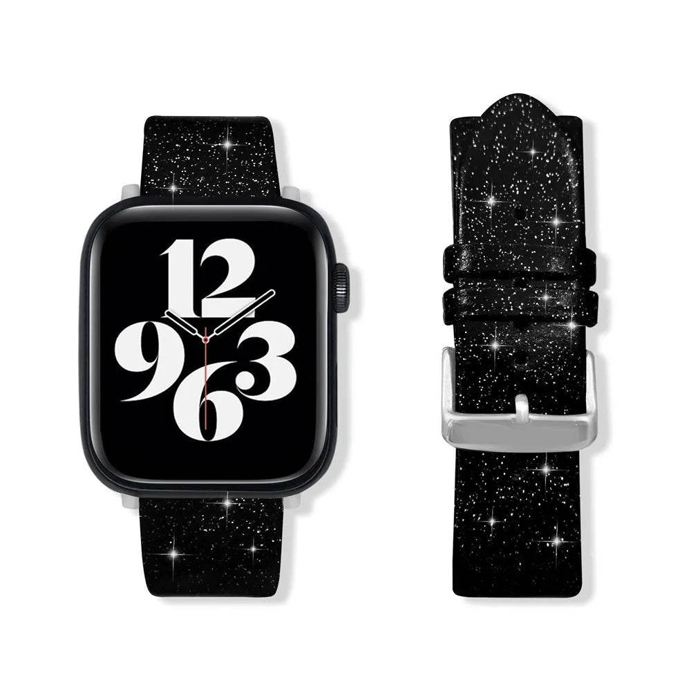 Leather Single Ring Glitter Buckle Couple Watch Strap Suitable for Apple Watch - Velora
