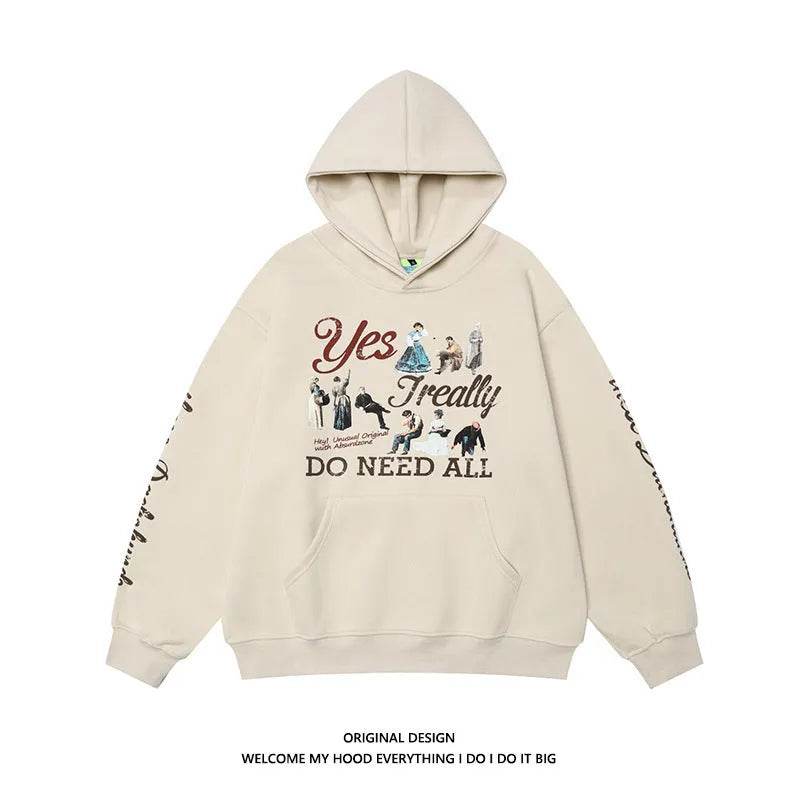 American Retro Washed Distressed Cartoon Letter Print Pullover Hoodie Sweatshirt - Velora
